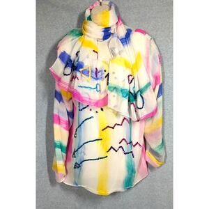 RARE VTG 80s BONNIE BOERER SILK BLOUSE M MATCHING SCARF ABSTRACT JEWELED 2 PCS